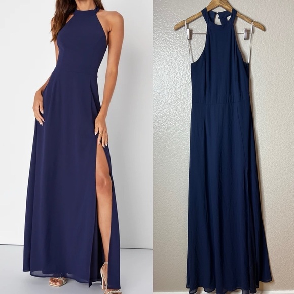 NWOT Confidently Charismatic Navy Blue Backless Halter Maxi Dress - Picture 1 of 9